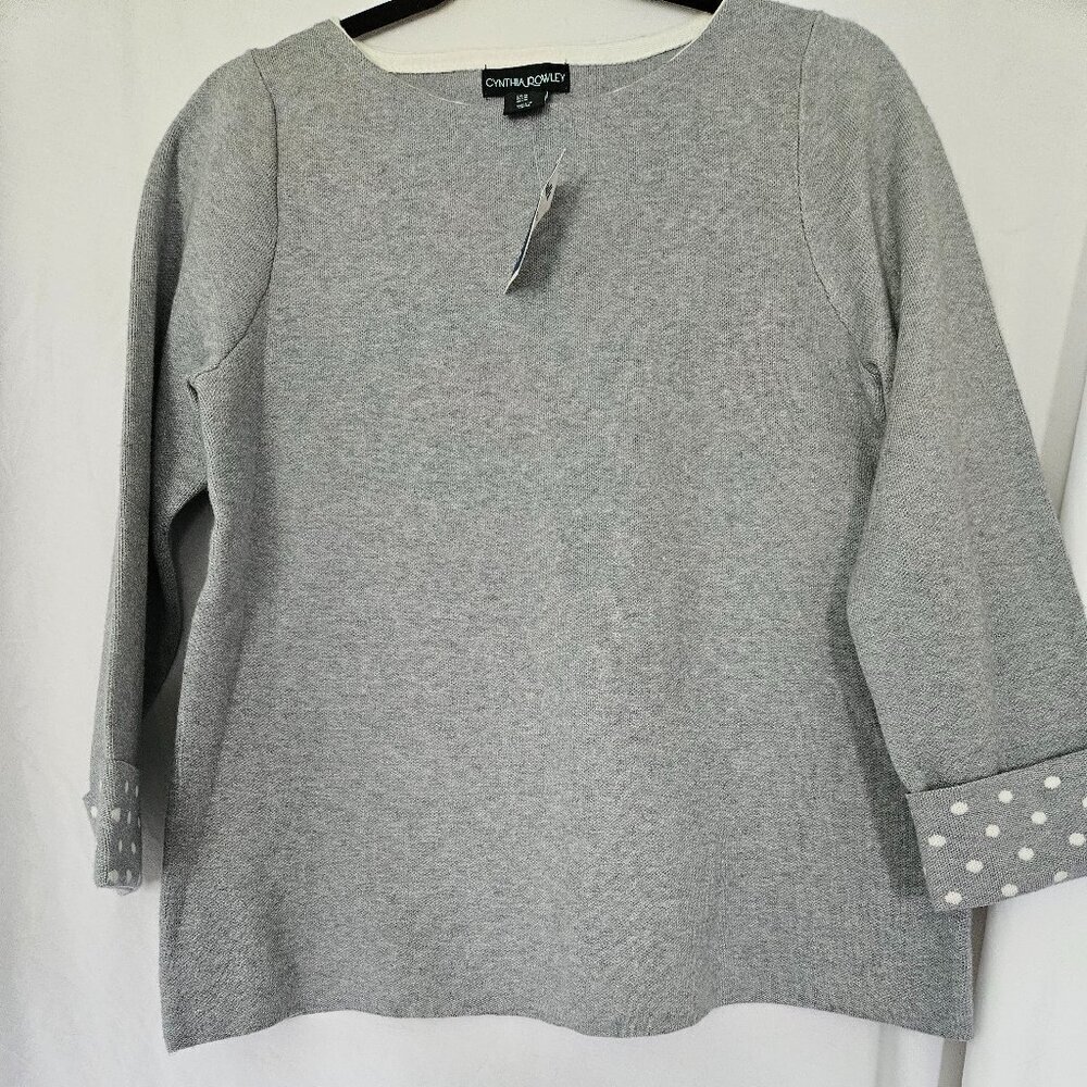 Cynthia Rowley grey soft boat neck‎ sweater with polka dot cuffed sleeves MED